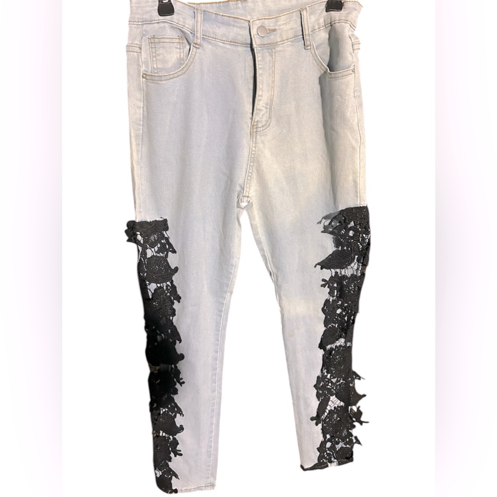 Jeans women denim pants color blue size large with size embroidery color black